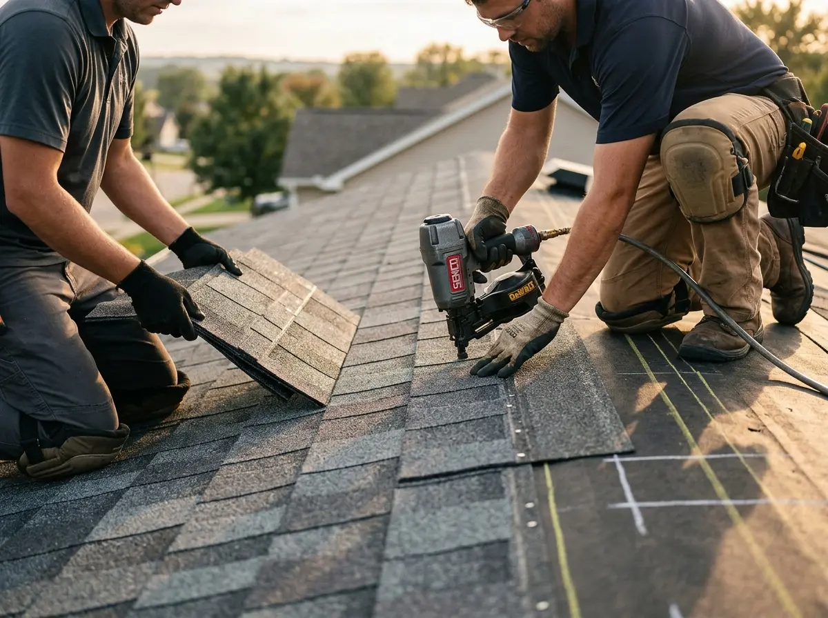 Professional roofer working on a residential roof in Castle Pines